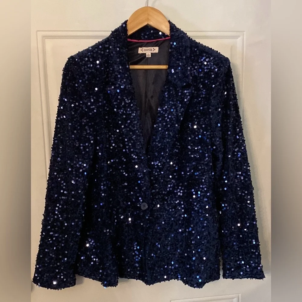 Nanette Lepore Girls’ Night Out Sapphire Blue Velvet Sequin Blazer Jacket - Picture 16 of 16